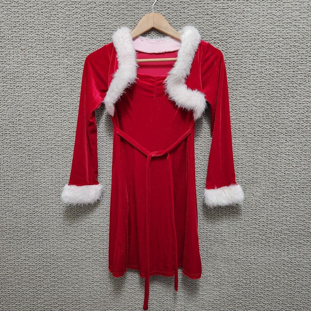 Women’s Red Velvet Santa Christmas Dress Faux Fur Trim Long Sleeve Size XS